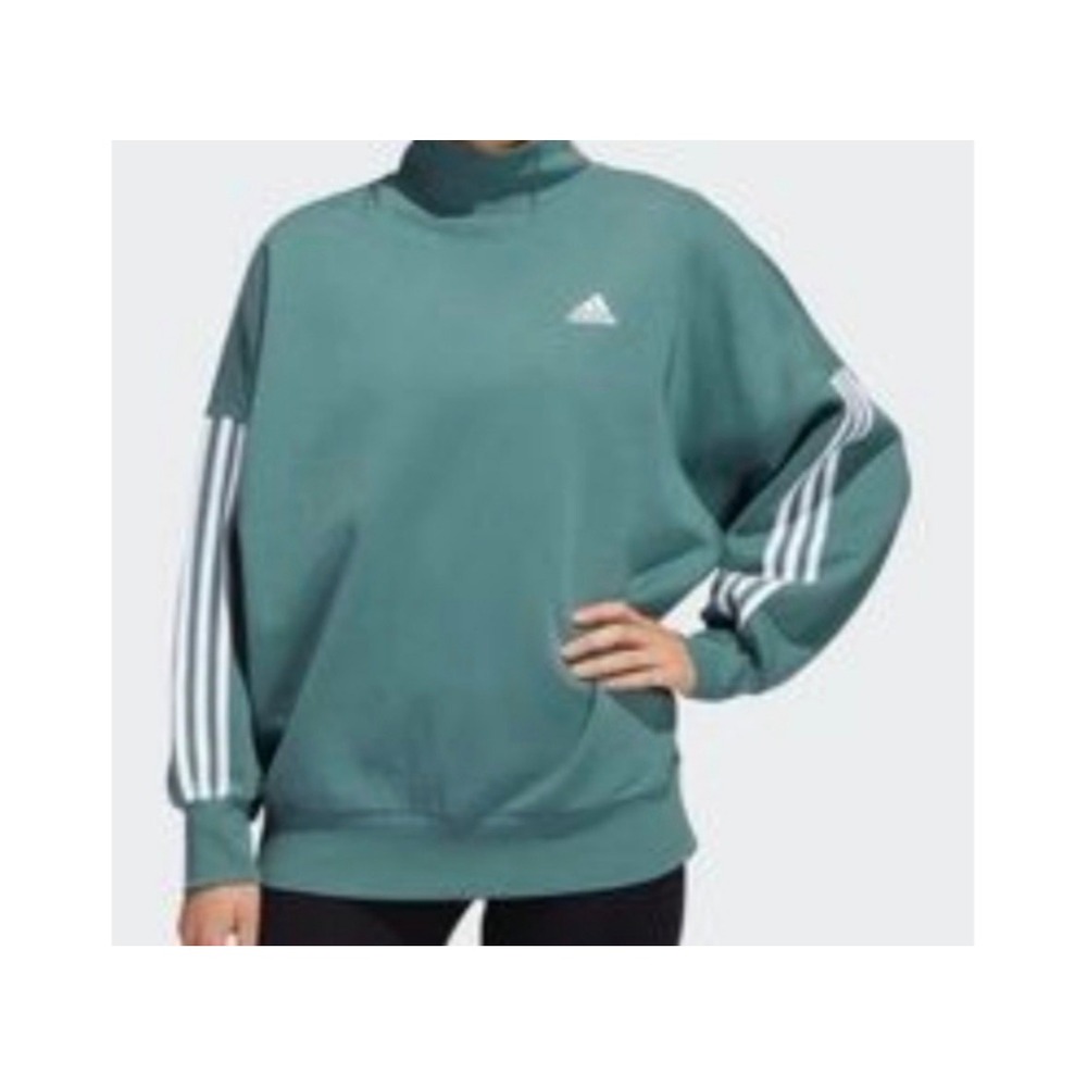 Adidas Womens Mock Neck Oversized Sweatshirt Teal Green 3-Stripe Pullover XL
